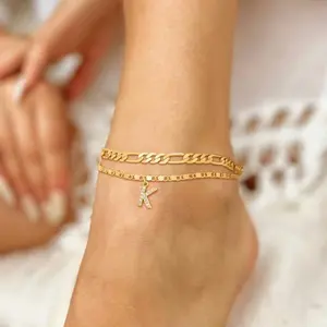 Stackable letter anklet set, initial pendant, a fashionable accessory with a simple double-layer design. It's a unisex accessory suitable for couples.