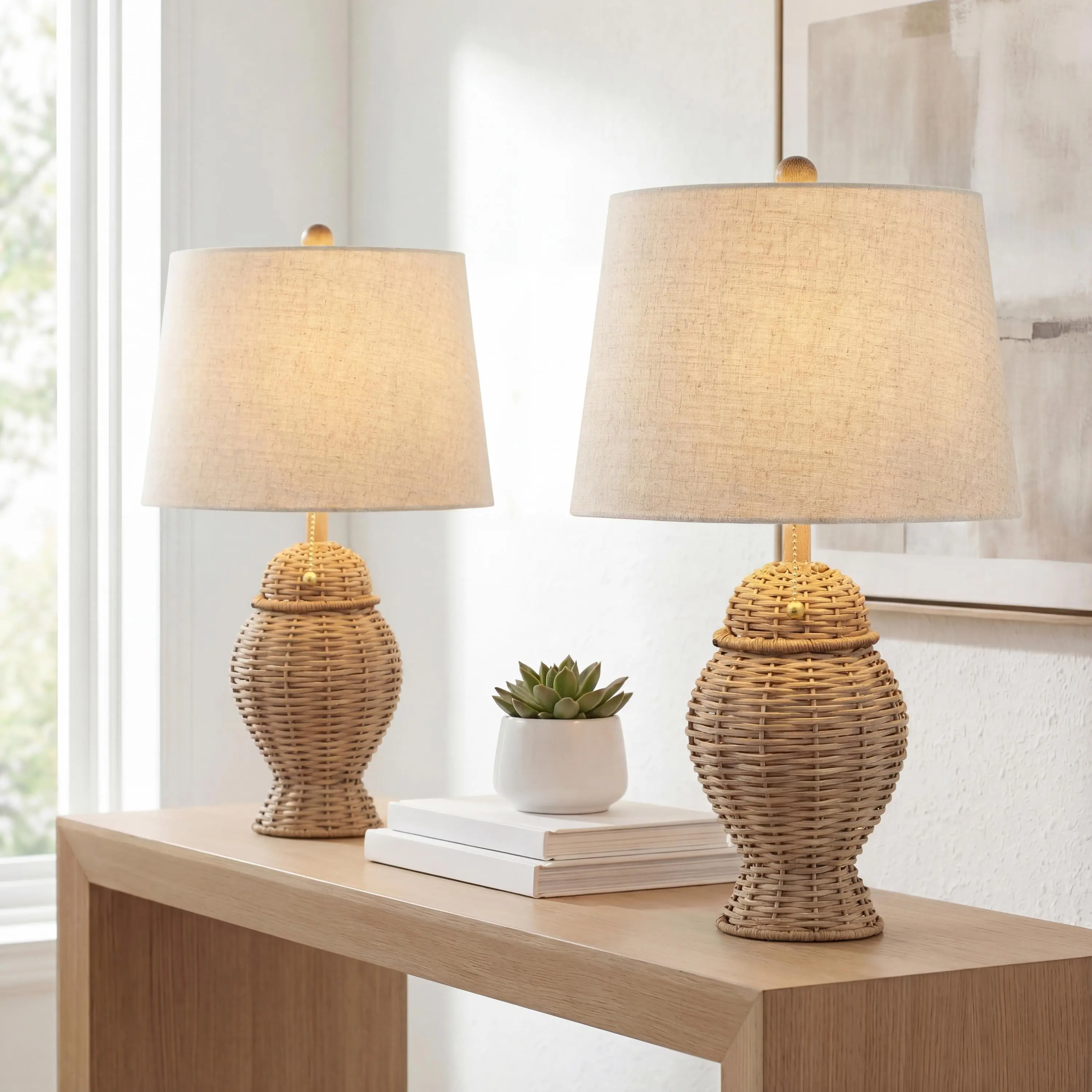 JONATHAN Y 20.5" Woven Ginger-Jar Wicker Table Lamp Pair Set, 2-Piece Eco-Friendly Mid-Century Bohemian Rustic Farmhouse Coastal, Metal Frame, Pull Chain Switch, Linen Shade, LED Bulbs Included