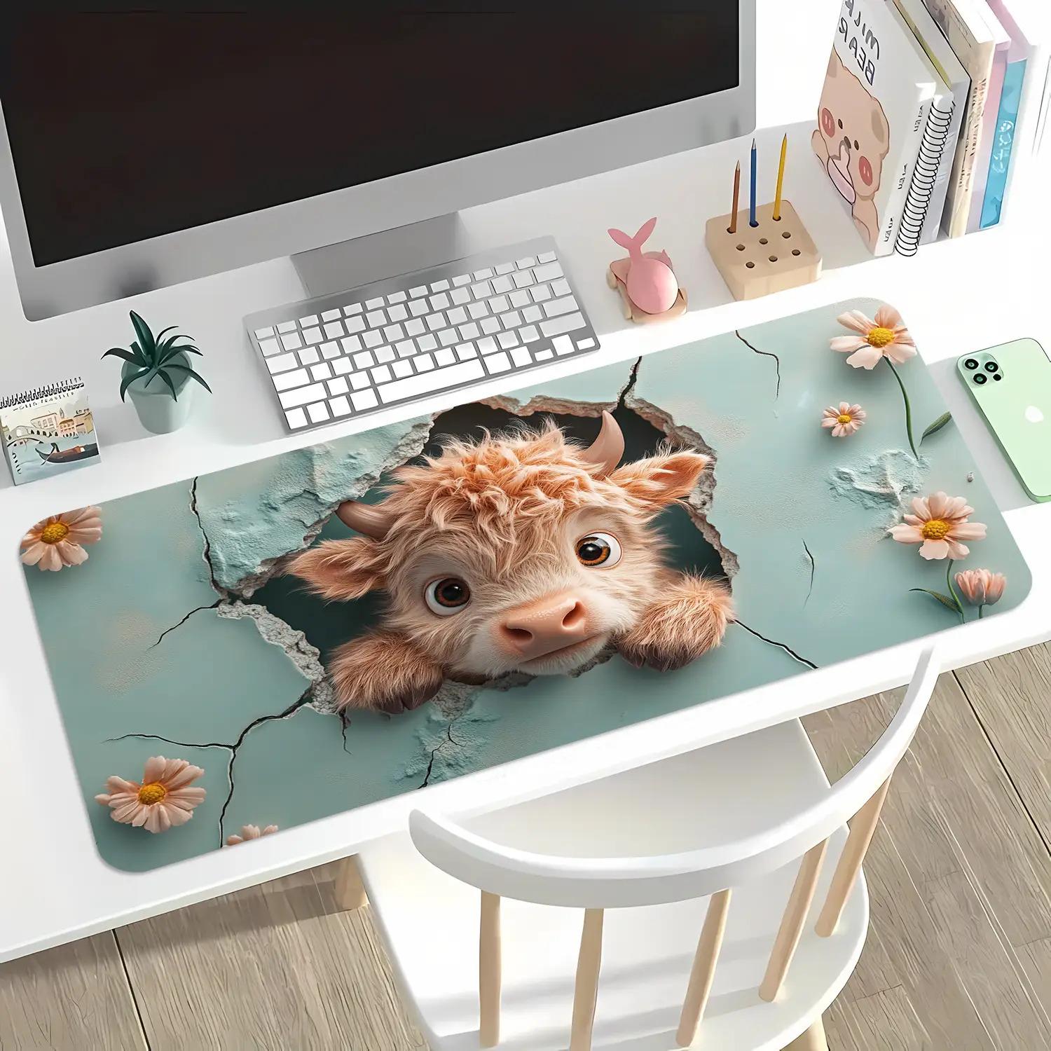 1pc Cute Highland Cow Scottish Cow Desk Mat |   Non-Slip Mouse Pad & Keyboard Cover, Turquoise Cracked Ice-like Texture with Pink Flowers, Soft Blue Computer Accessory for Office, Room, Reusable Desk, 2D Flat