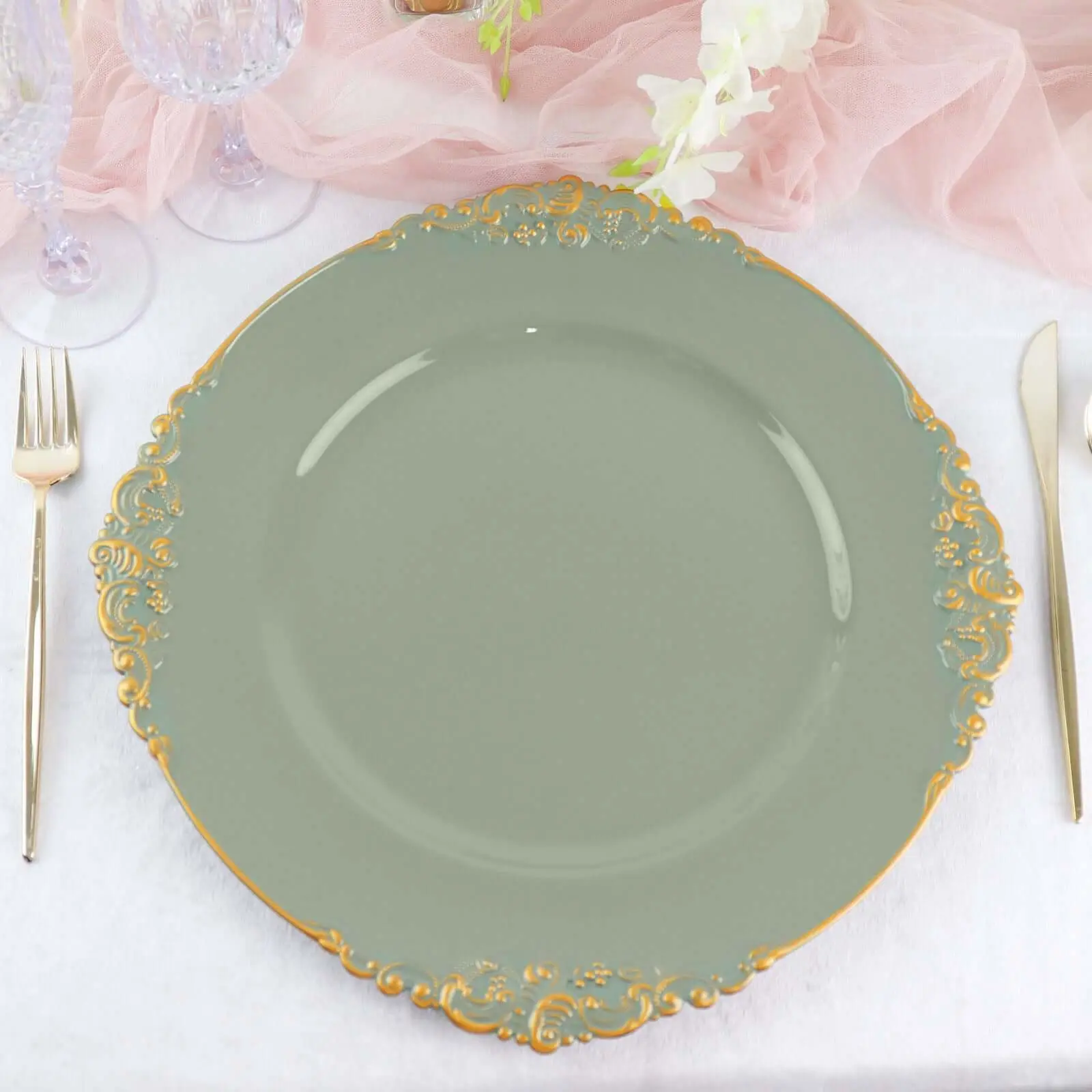 6-Pack Acrylic Charger Plates 13" Round Dusty Sage Green with Gold Embossed Baroque Rim - Antique Decorative Dinner Tableware