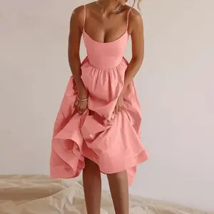 2025 Summer Spring Dress Solid Color U Collar Fitted Waist Pleated Sling Swing Dress Casual Womenswear
