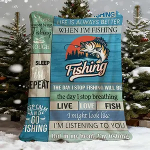 1pc Fishing Blanket |   Soft Flannel All-Season Throw With Inspirational Fishing Quotes & Rustic Wood Plank Design, Multi-Color Cozy Blanket Dad, Women, Fishing Enthusiasts - Washable, Birthday Mother's Day Size
