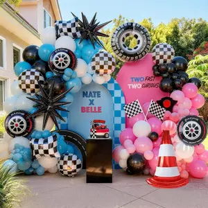 166Pcs Race Car Balloon Arch Kit Two Fast Birthday Decor Blue Pink Checkered Balloons Party Set