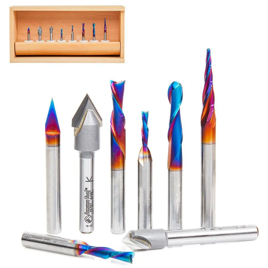 Amana Tool AMS-174 8-Pc General Purpose CNC Router Bit Collection in Wooden Box, 1/4 Inch Shank