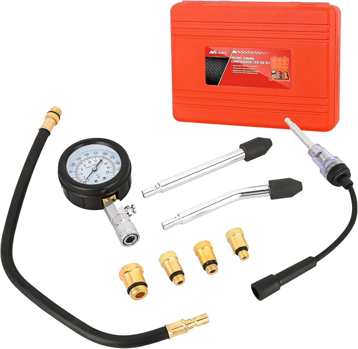 Nilight 9PCS Compression Tester Kit - Automotive Repair Tool with Spark Plug Tester, 0-300 PSI Petrol Gas Engine Cylinder Pressure Gauge for Cars, ATVs Compression Pressure Testing