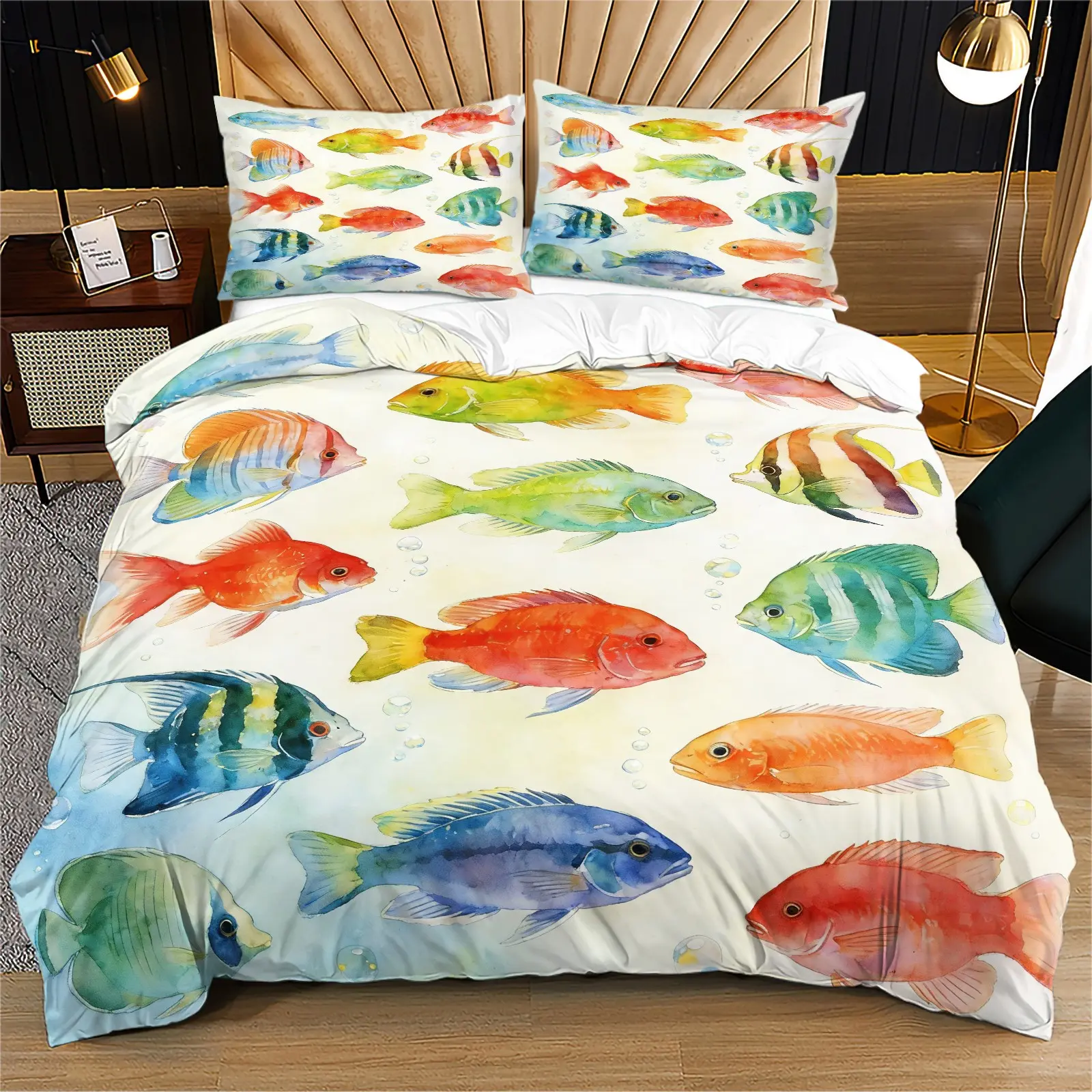 Vibrant Watercolor Tropical Fish Bedding Set, Includes 1 Fitted Sheet and 1/2 Coreless Pillowcases, Ocean Healing Style Bedroom Decor