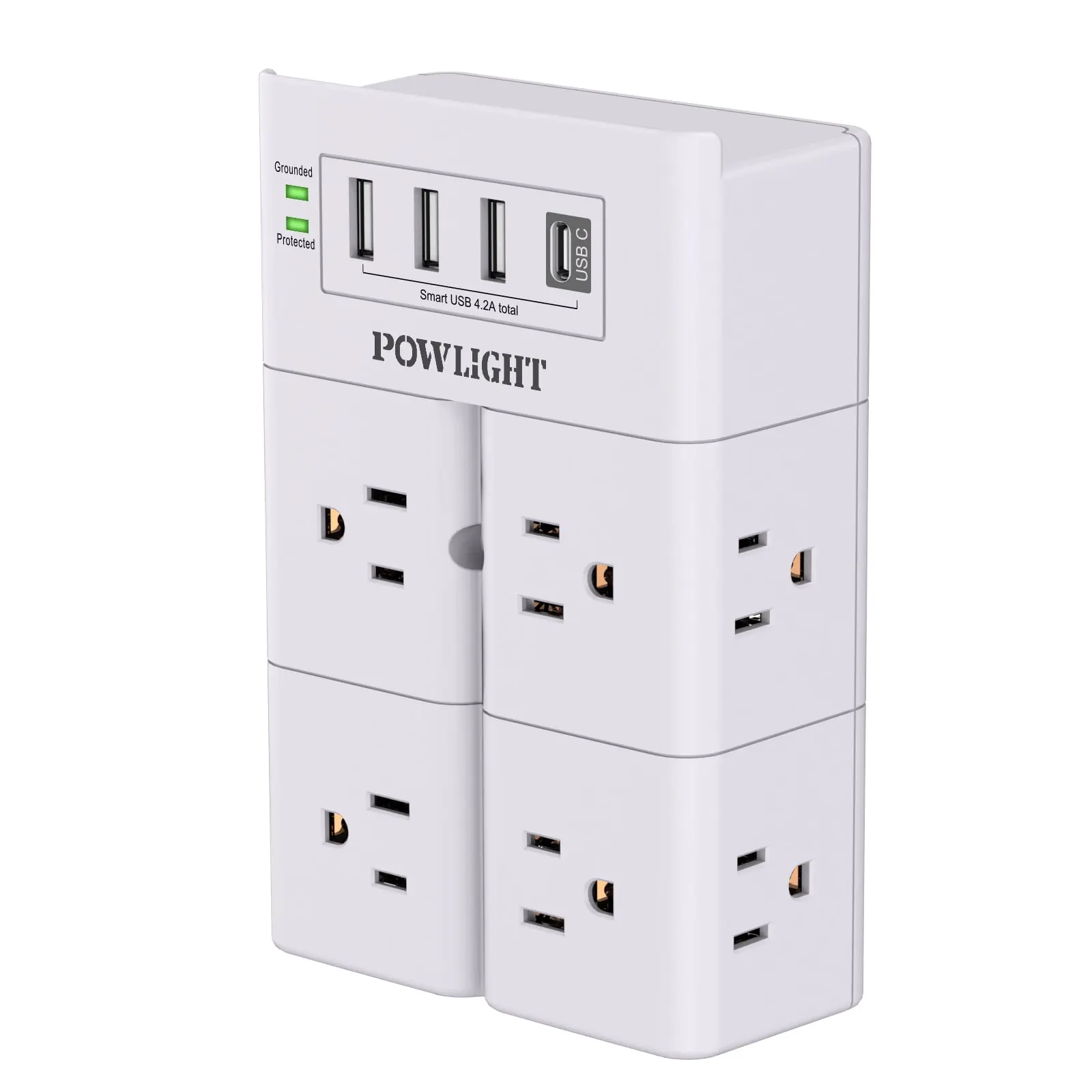 Wall-Mount Surge Protector - 8 AC Outlets and 4 USB (1 USB-C), Smart Charging, Space-Saving Plug Extender for Home, Office Use