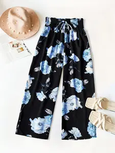 Bottom Blue Floral Rose Print Wide Leg Pants, Elastic Drawstring Waist, Casual Vacation Style, Loose Fit Women's Trousers, Boho Fashion Trousers