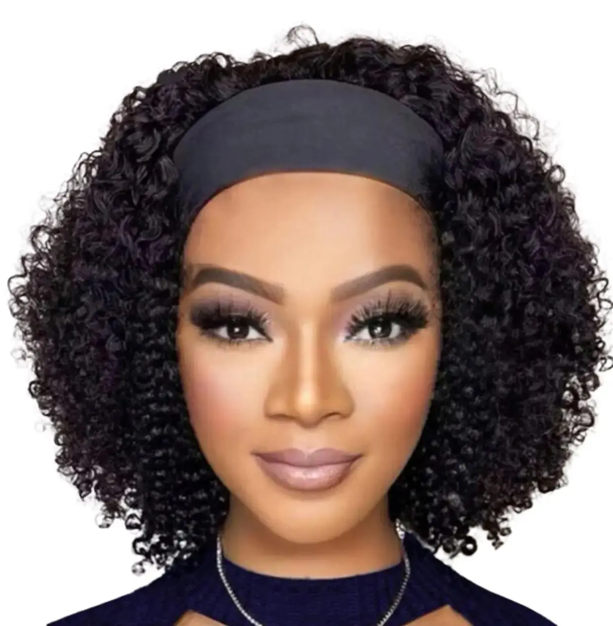 10 inches Curly Headband Human Hair Wig - Natural Black Color