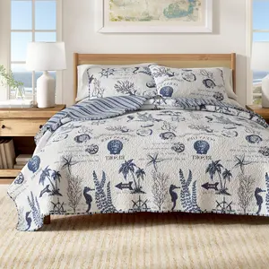 Full /  Coastal Quilt Bedding Set, Summer Coastal Quilt with Shams, Beach 3- Reversible   Bedspread Quilt Set. Lightweight Nautical Quilted Coverlet. Catalina Collection, Navy.