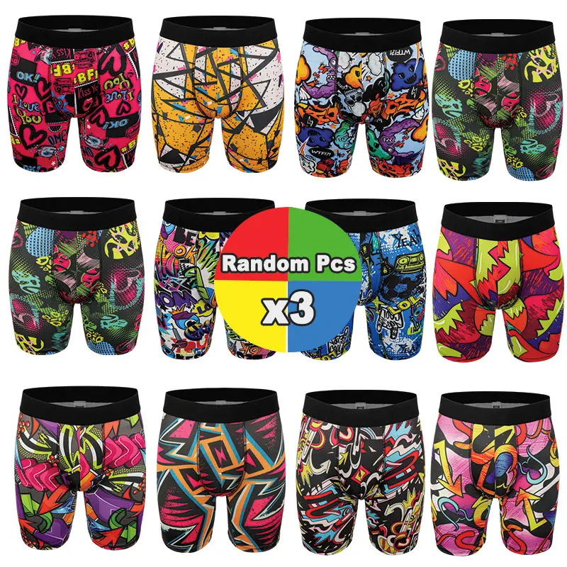 Men’s 3-Pack Long All Over Print Boxer Briefs - Menswear Polyester-Spandex Sport Fabric Underwear, Breathable Casual Athletic Activewear for Daily Wear & Gifting (All Seasons), Stretch, 3D Shaped Men's Boxer Briefs, Anti-Gap Men's Boxer Briefs