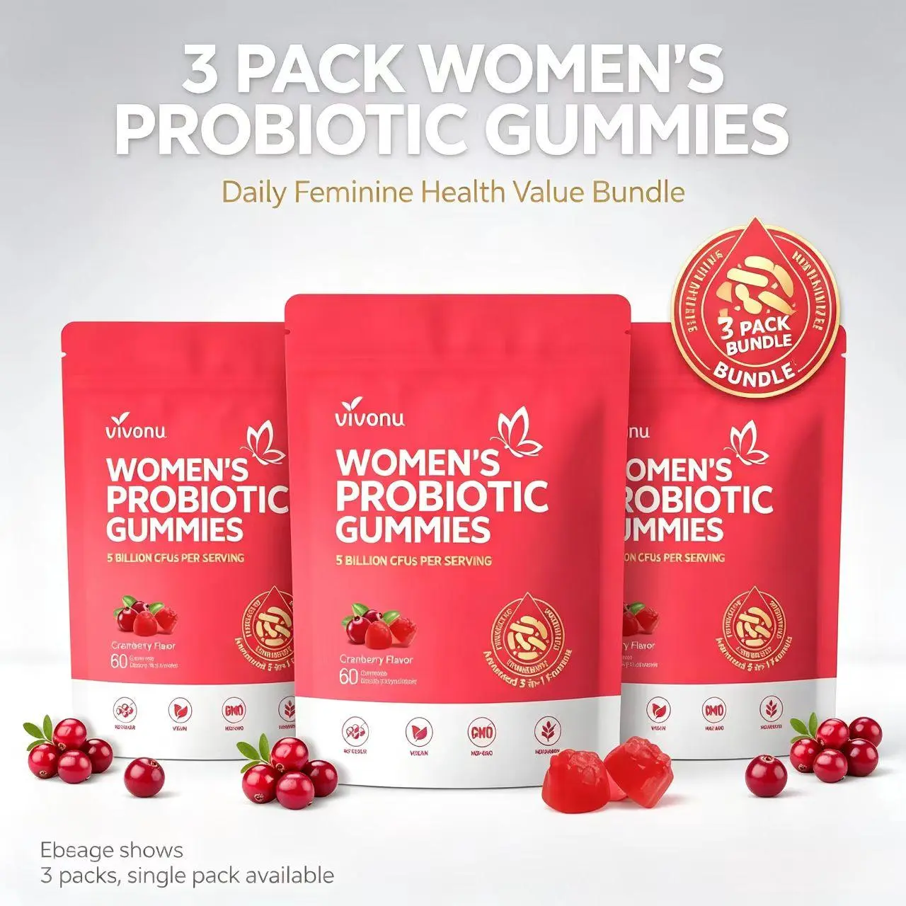SummerVibes Vegan Cranberry Probiotic Vitamin Gummies - 60 per Pack, Supports Women's Health, Body Balance, and Targets Body Odor