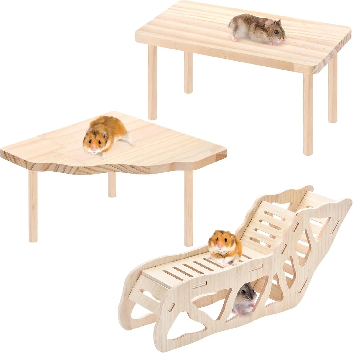 3Pcs Hamster Wood Platform Set with Tunnel Hideout, Natural Cage Accessories with Hides, Food & Water Stations, Climbing & Burrowing for Dwarf, Syrian Hamsters, Mice & Gerbils - Home Improvement.