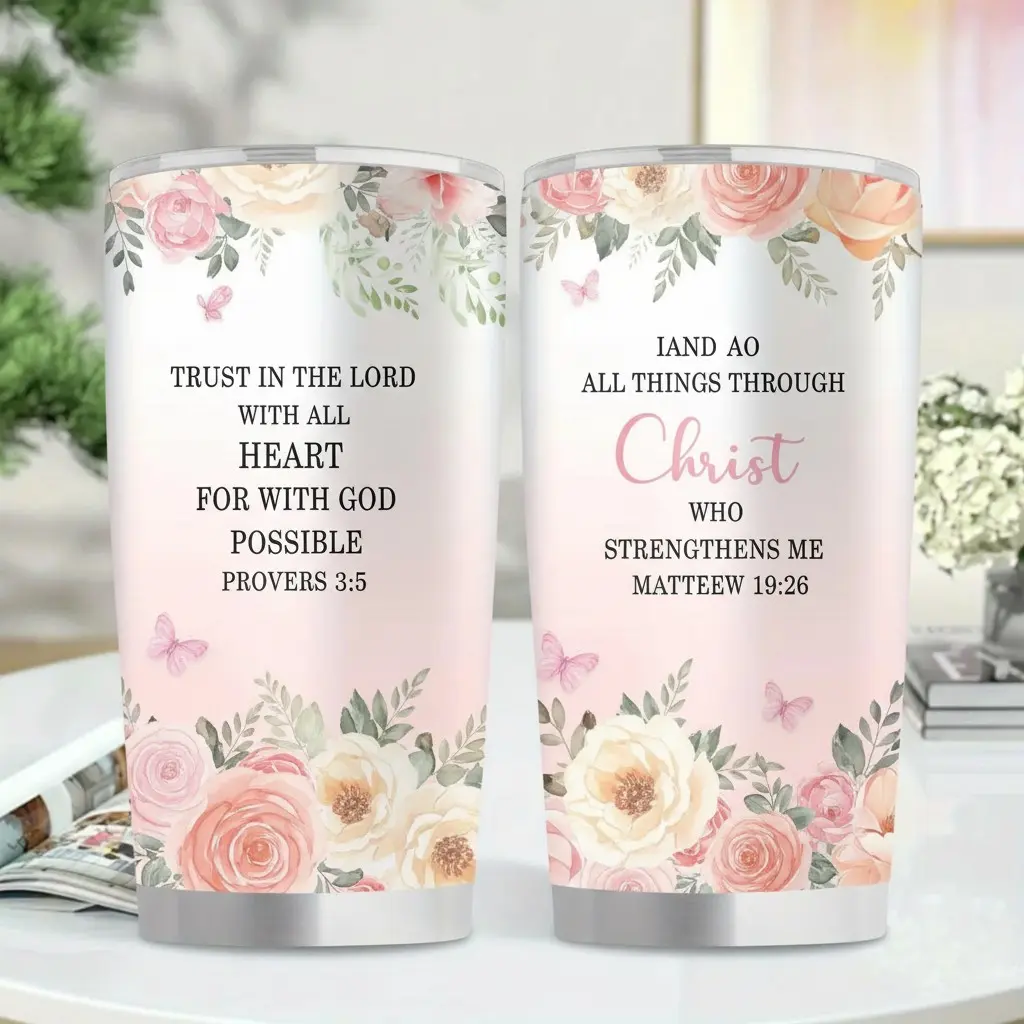 1pc 20oz Christian Insulated Stainless Steel Travel Mug featuring Beautiful Pink Floral Design with Butterflies and Inspiring Bible Verses Proverbs 3:5 'Trust in the Lord' & Matthew 19:26 'With God All Things Possible' – Leakproof BPA-Free Double-W