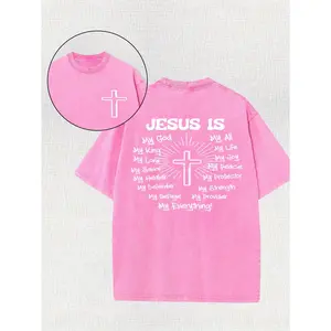 Unisex Oversized Distressed Festive 250g 100% Cotton Short-Sleeve Round Neck Loose-Fit Vintage Washed Double-Sided Printed Religious Cross Jesus God Belief T-Shirt for Everyday Casual Wear