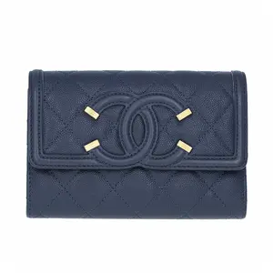 Pre-owned CHANEL Caviar Small Leather Goods CC Filigree Wallet Navy