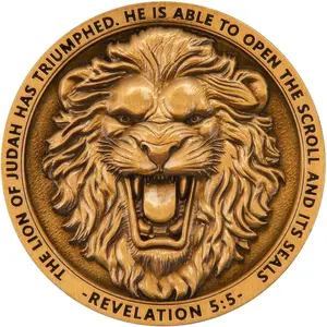 Christian Faith Medallion with Lion of Judah and Shield Cross - Symbolic Religious  with  Verses from Revelation 5:5 and Psalm 28:7