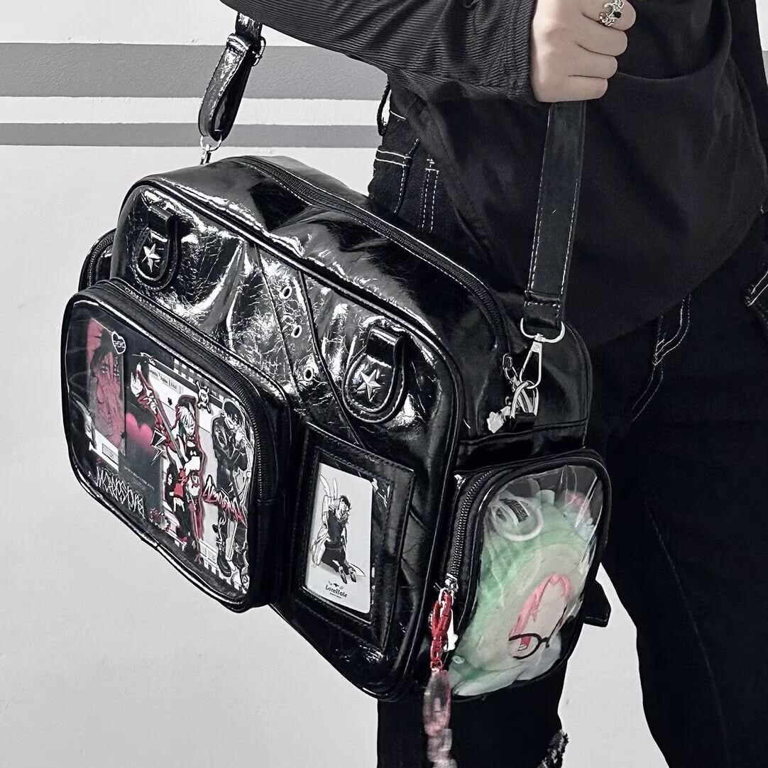Large Capacity Ita Bag with Star Accent, Transparent Pocket Anime Badge Display Tote Bag, Kawaii Aesthetic Anime Merch Bag for Cosplay & Daily Use, Cute Casual Shoulder Bag for Anime Girls