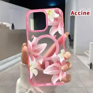 Lily Elegance Bloom Pattern Magnetic Phone Case for iPhone 15 16 14 Pro Max 13 12 11 XR XS Plus E Clear Crystal Drop-proof Slim Silicone Shockproof Transparent Protective Cover Supports Wireless Charging