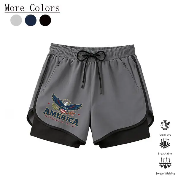 One men’s quick-dry athletic shorts — lightweight and breathable, featuring an Independence Day print, a drawstring design with built-in lining; running and fitness shorts suitable for the gym, jogging, and outdoor activities.