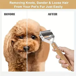 2-in-1 Dematting Comb and Deshedding Brush - Gentle Grooming Tool for Long and Medium Haired Dogs and Cats - Removes Tangles, Loose Hair, and Undercoat - Stainless Steel with Ergonomic Wooden Handle for Easy Grip, Removal Brush Combs, Shedding Blade Combs