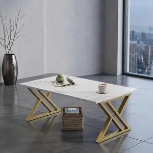 Modern Faux Marble Rectangular Coffee Table, White Marble Grain Tabletop with X-Shaped Reinforced Metal Legs, Waterproof Scratch Resistant Stable Center Tea Table for Living Room Bedroom Home Office Indoor Decor Use