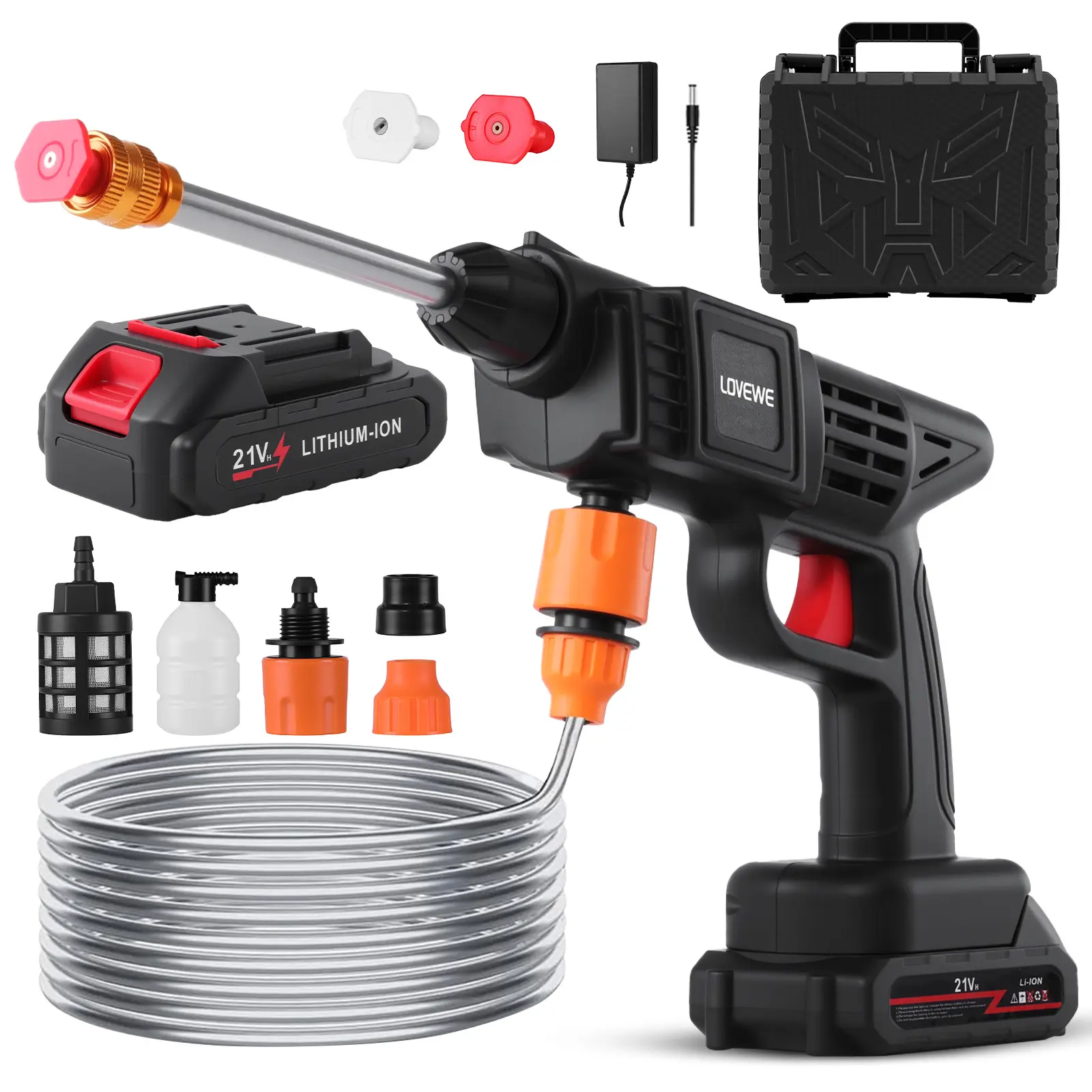 LOVEWE Cordless Pressure Washer, Handheld Power Washer with 2 Batteries, Portable Pressure Washer with 16.5ft Hose, Battery Operated Power Washer for Car, House, Patio, Garden Cleaning Accessories