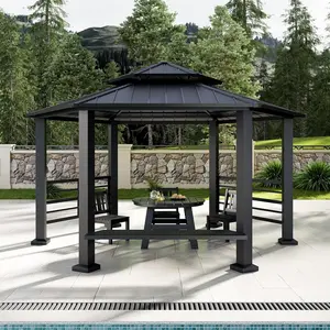 VanAcc Hardtop Gazebo, Hexagon Outdoor Gazebo, Double Tiered Aluminum Patio Pavilion with Dual Rails, Ceiling Hook and Bench for Garden, Backyard Shade