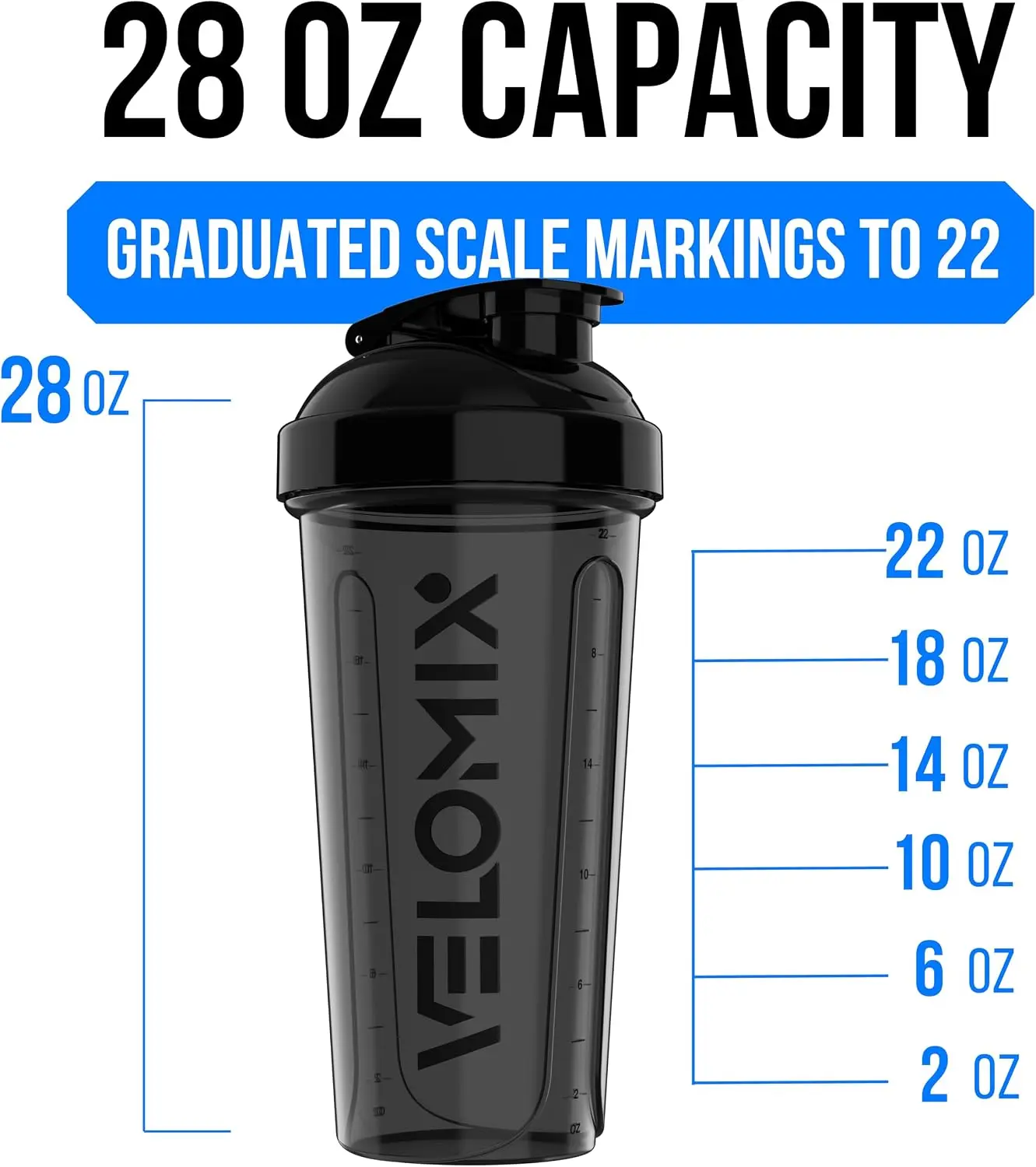 VELOMIX 2 Pack 28oz Protein Shaker Bottle for Protein Mixes, Black/Transpar | 2x Wire Whisk, Leak Proof Shaker Cups for Protein Shakes, Stackable, Dishwasher safe, BPA free, Pre Workout and Fitness ready