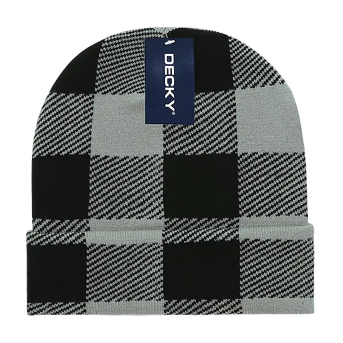 212 MAIN Fitted Beanie - Long Plaid Design, Black (Decky Style), Beanie Fitted