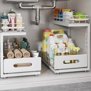 2-Tier Dual Pull Out Under Sink Cabinet Storage Organizer, Height Adjustable Slide Out Drawers with Professional Rails, 2 Pack 14.5" D x 12.8-16.9" H White for Bathroom Kitchen