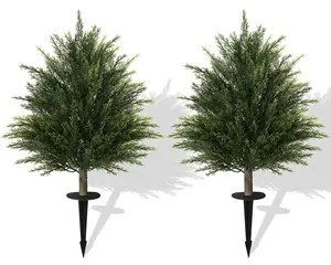 2-Pack 32" Artificial Cedar Topiary with Ground Spikes – Resistant Faux Evergreen Plants for Outdoor Front Porch Decor Boxwood