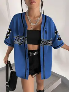 Women's Number Print Baseball Jersey, Casual Fashion Loose Letter Print Short Sleeve Button Design Blouse for Daily Wear, Ladies Clothes for All Seasons, Jersey Tops