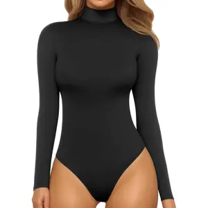 MANGOPOP Women's Mock Turtle Neck Long Sleeve Tops Bodysuit Jumpsuit