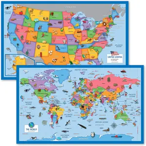 2 Pack World & USA Map for Kids Illustrated 2 Laminated Poster Set 18" x 29"