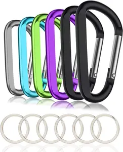 6PCS Black Carabiner Set with 6 Keyring Hooks 3" Large Aluminum D Ring Shape Compact Practical Design for Everyday Use Secure Keyring Hooks Easy Attachment and Detachment