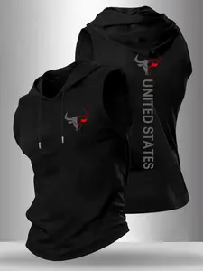Men's Bull Head & Letter 'united states' Print Sleeveless Hooded Vest, Drawstring Sporty Hoodie, Casual Fitness Top, Gym Sports Vest#MensHoodedTank #BullPrintVest #MuscleHoodie #GymWear #TikTokFashion #USInspiredStyle #StreetwearVest #EverydayCasual