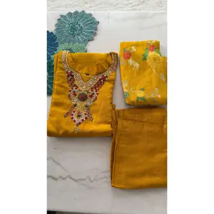 Yellow Floral Neckline Indian Suit with Pearl Embellishments