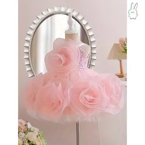 ERT-Baby's Elegant Flower Decor Sleeveless Mesh Dress, Infant & Toddler Girl's Clothing for Formal Occasion/Birthday Party/Photography