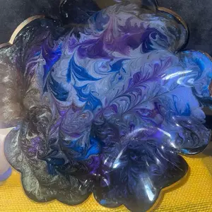 Handmade Epoxy Bowl with Vibrant Purple Blue and Silver Marbling Design for Unique Home Decor