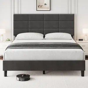 Bed Frame with Headboard Upholstered Full Platform Bed Frame with Solid Wooden Slats Support No Box Spring Needed, Noise-Free, Grey