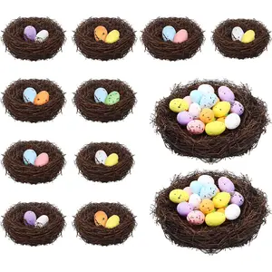 12Pcs Mixed Size Easter Artificial Rattan Bird Nests with 26Pcs Foam Easter Eggs Small Faux Bird Nest Decor for Spring Garden Yard Home Tree Decor