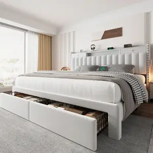 【Deals For You】Bed Frame whit 4 Drawer and 2 USB & 1 Type-C Charging Ports,Upholstered Platform Bed Frame with Storage Headboard Bed Frame,No Box Spring Needed No Mattress Required Easy Assembly,Full/Queen/King – Dark Grey Linen/White Velvet/Black PU