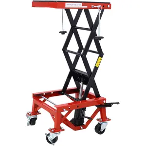 Hydraulic Motorcycle Lift Table, 300 lbs Capacity Motorcycle Scissor Jack Lift with Wide Deck, J-Hooks, 4 Wheels, Hydraulic Foot-Operated Jack Stand for ATV Dirt Bikes