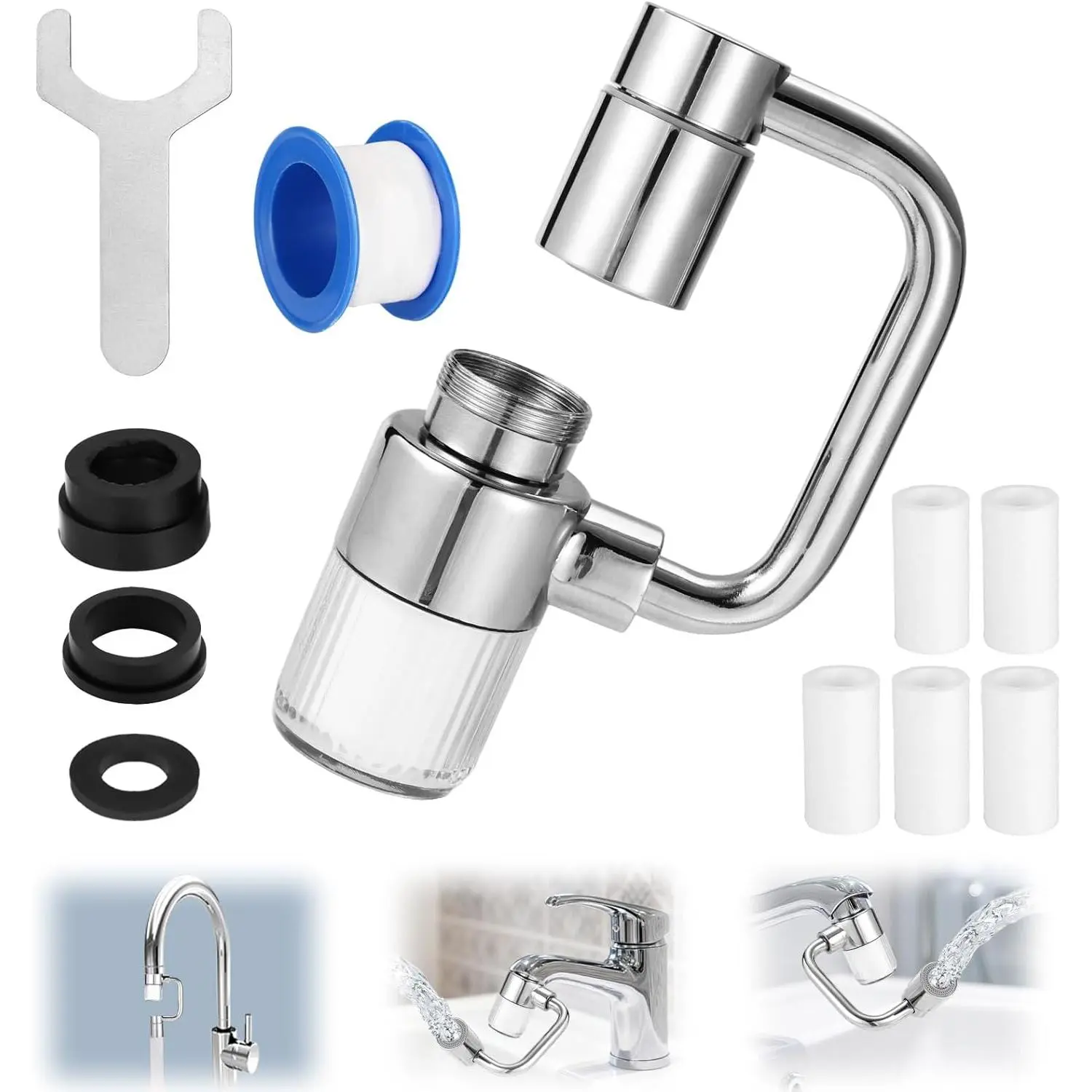 1440° Rotatable Faucet Extender, 2-in-1 Spray Modes Stainless Steel Sink Aerator, Universal Swivel Faucet Attachment for Kitchen & Bathroom, with Installation Tools