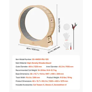 VEVOR Cat Exercise Wheel, 48 in Wooden Cat Running Wheel for Indoor Cats up to 28 lbs, Cats Treadmill with Carpeted Runway Locking Mechanism, Quiet Roller Kitten Sport Toys for Pets Fitness Health