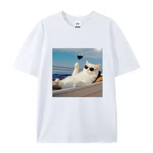 Luxury Yacht Cat with Wine Glass Graphic Tee Tshirt