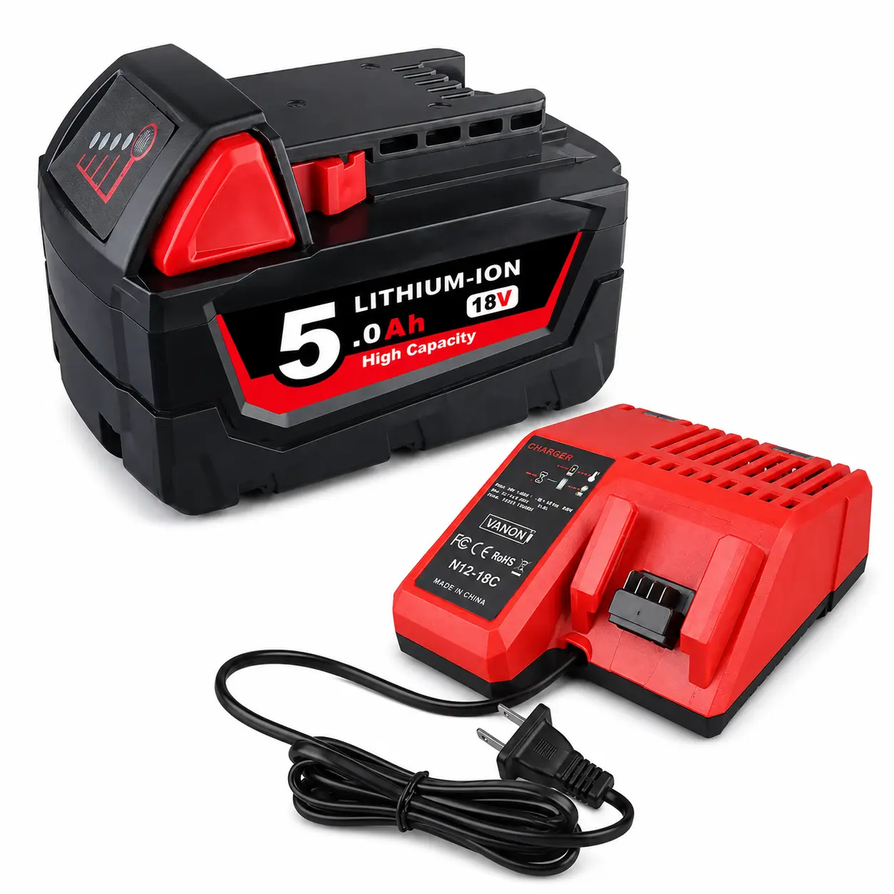 5.0Ah 18V Battery and M12-18C Fast Charger Set for Milwaukee M18 Cordless Power Tools, Replacement Battery Pack and 12V-18V Universal Charger Combo