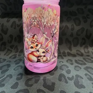 Pre-made Tumbler with Adorable Fox and Bunny Design in Pink Color Perfect for Kids and Adults