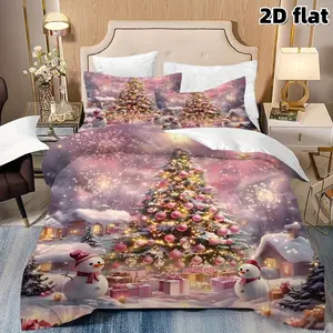 2D Flat 3Pcs Christmas Winter Snowman Bedding - Pink Fireworks Tree & Gift Boxes Duvet Cover with 2 Pillowcases (No Filler) for Home Bedroom Decor, Festive Holiday Theme,